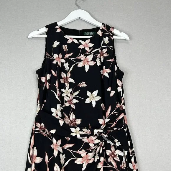 Lauren Ralph Lauren Womens Dress 8 Black Floral Midi Jersey Knot Mock Wrap Work - Picture 2 of 15